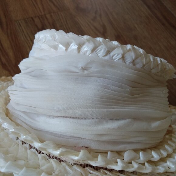 Vintage Cellophane Straw Hat Cream White 19.75" Boutique New York Montreal AS IS - Picture 4 of 8